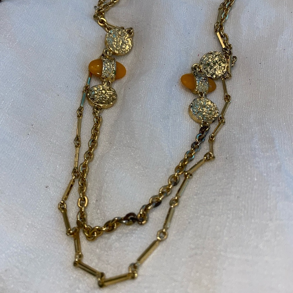 AMERICAN SHOWCASE Signed SHP EXCL gold tone multi chain disc tangerine beaded ne